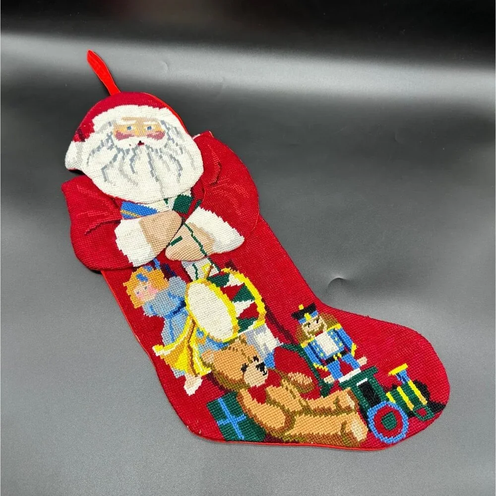 Vintage Christmas Needlepoint Stocking Santa Claus Toys Red Hanging Loop Figural